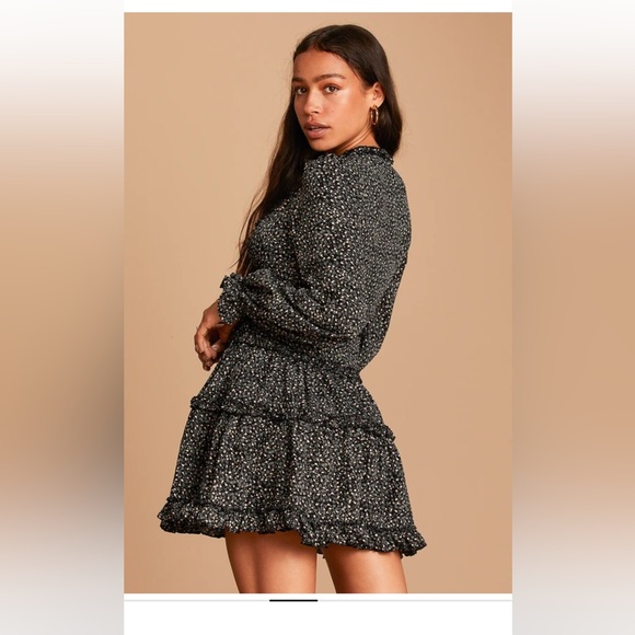 NWT Lulu’s Admire You Black Floral Print Ruffled Long Sleeve Mini Dress - Picture 4 of 9